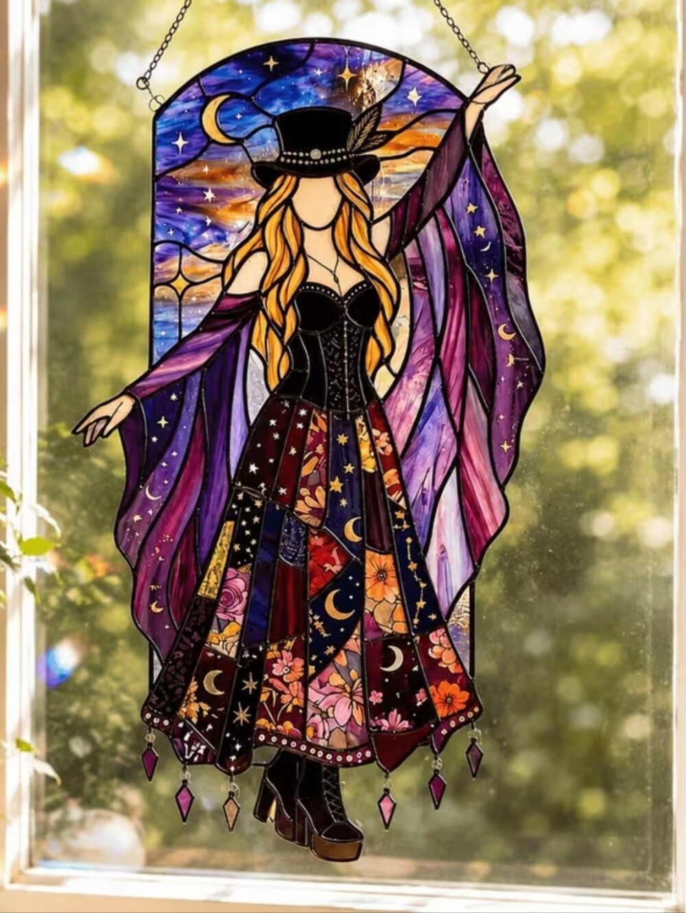 Purple & Multi Moonlight Stained-Glass Style Wall Hanging - Unbranded